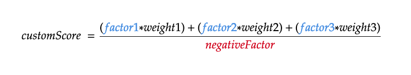 An equation showing that custom score equals the sum of weighted custom factors divided by a negative factor.